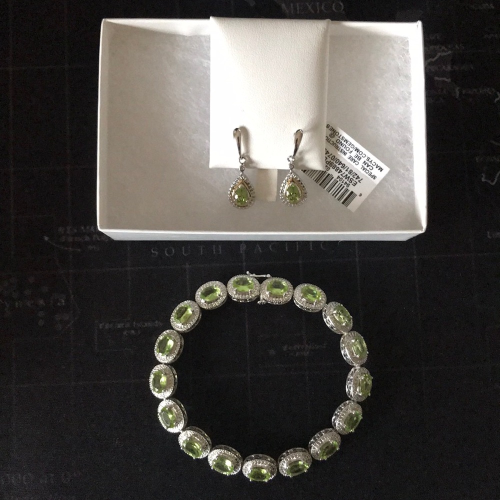 Genuine Peridot & Diamond earring and bracelet set
